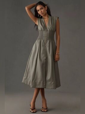 The Tommie Cap-Sleeve Smocked Front-Zip Shirt Dress: Faux Leather Edition Size S
